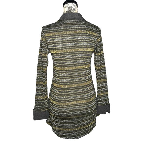 Laila Jayde (XS) Shimmer Stripe Collar Long Sleeve High Low Metallic Knit Top - Picture 3 of 9